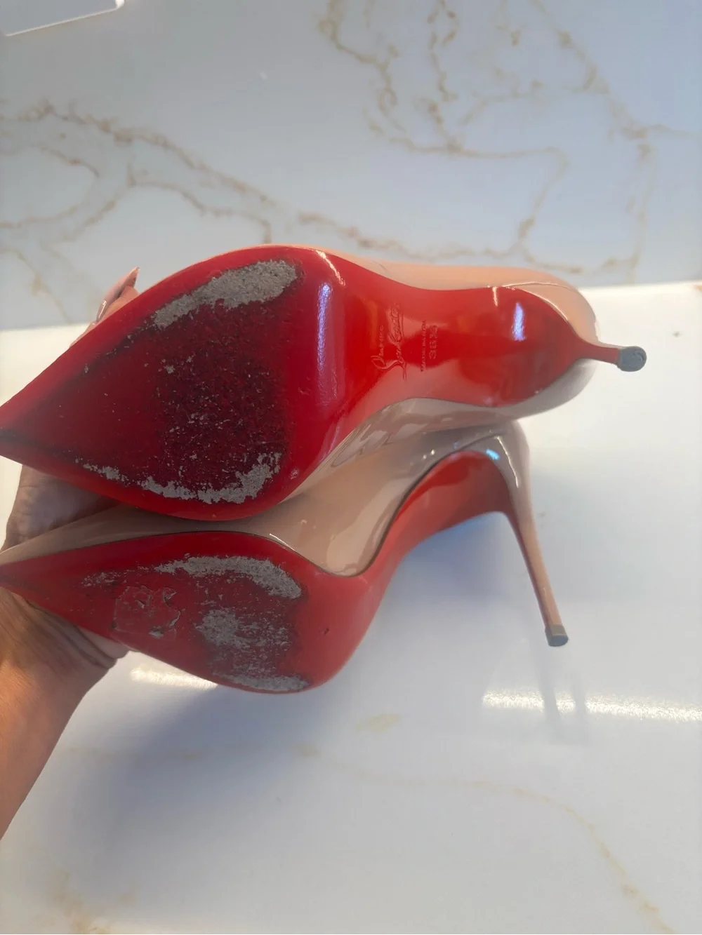 Christian Louboutin Nude Patent Pigalle 100 Pumps - Beige Patent with Red Sole
